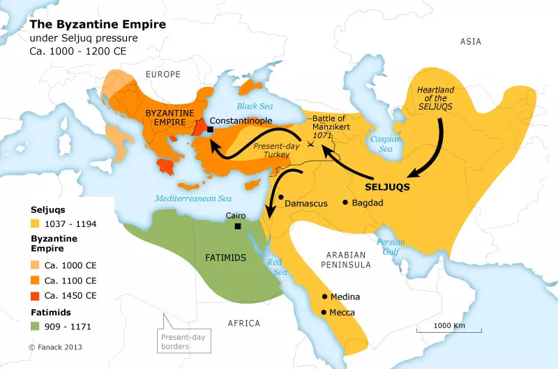 الإمبراطورية البيزنطية مقابل خريطة السلاجقة الأتراك